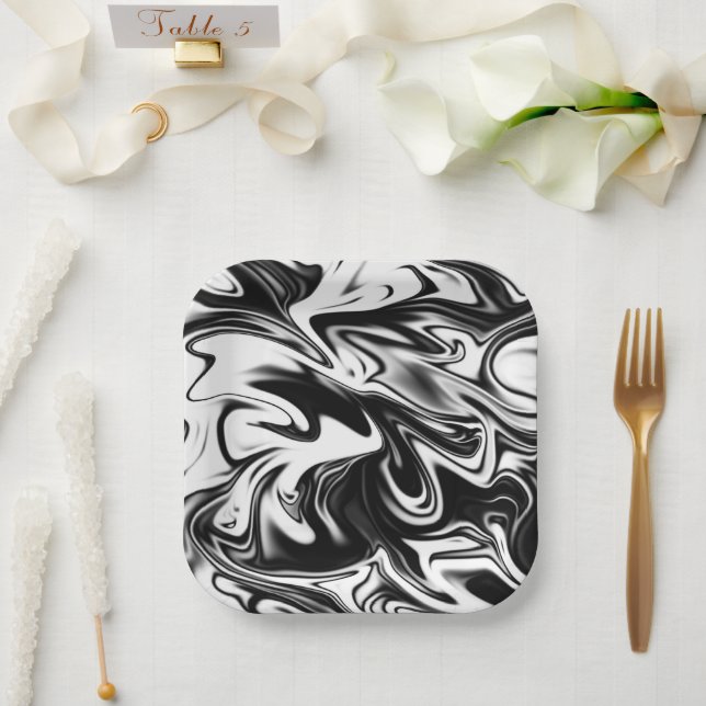 Black And White Swirly Marble Design, Paper Plates (Wedding)