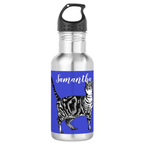 Black and White Tabby Cat Cats Blue Water Bottle