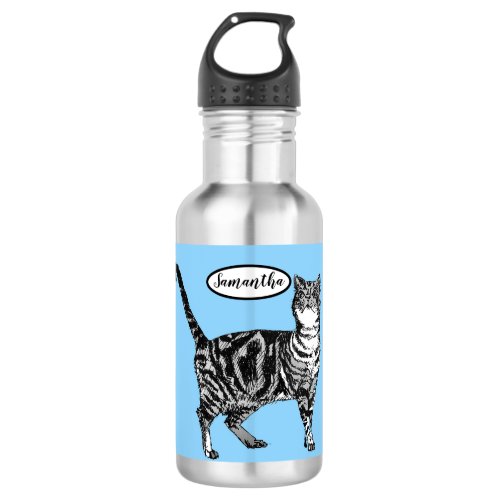 Black and White Tabby Cat Cats Blue Water Bottle