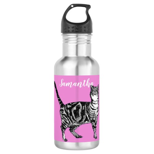 Black and White Tabby Cat Cats Pink Water Bottle