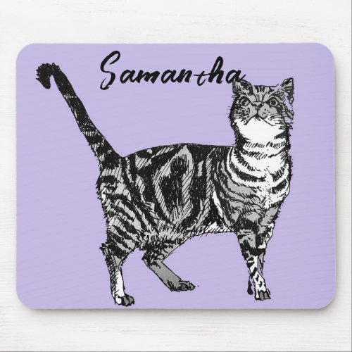 Black and White Tabby Cat Girls Name Purple  Mouse Pad