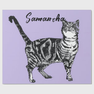 Black and White Tabby Cat Girls Name Purple Wrapping Paper