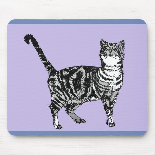 Black and White Tabby Cat Mouse Mat Purple