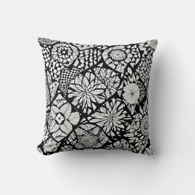 Black and White Tangle Flowered Throw Pillow (Front)