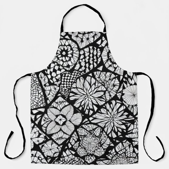 Black and White Tangle Flowers Apron (Front)