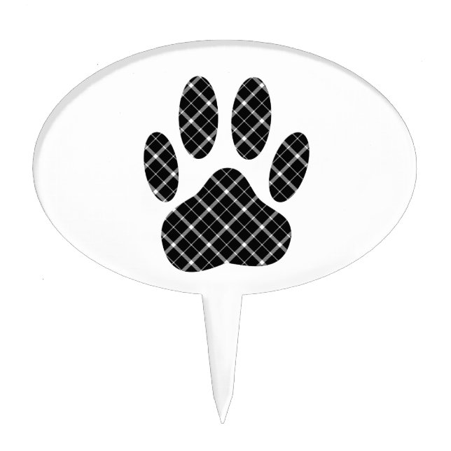 Black And White Tartan Dog Paw Print Cake Topper (Front)