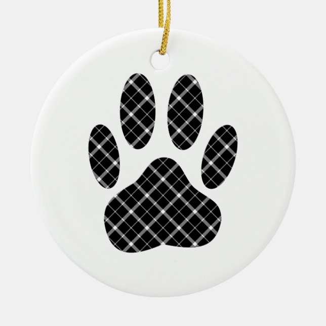 Black And White Tartan Dog Paw Print Ceramic Ornament (Front)