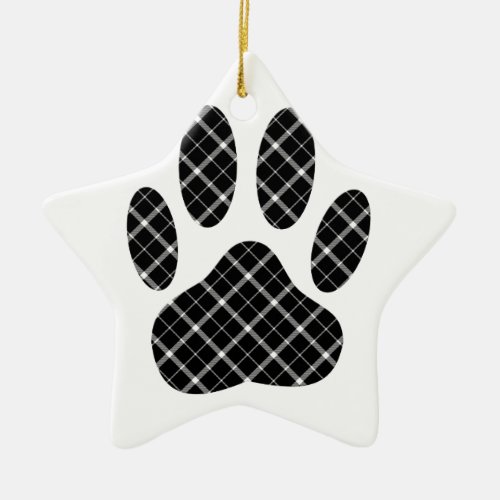 Black And White Tartan Dog Paw Print Ceramic Ornament