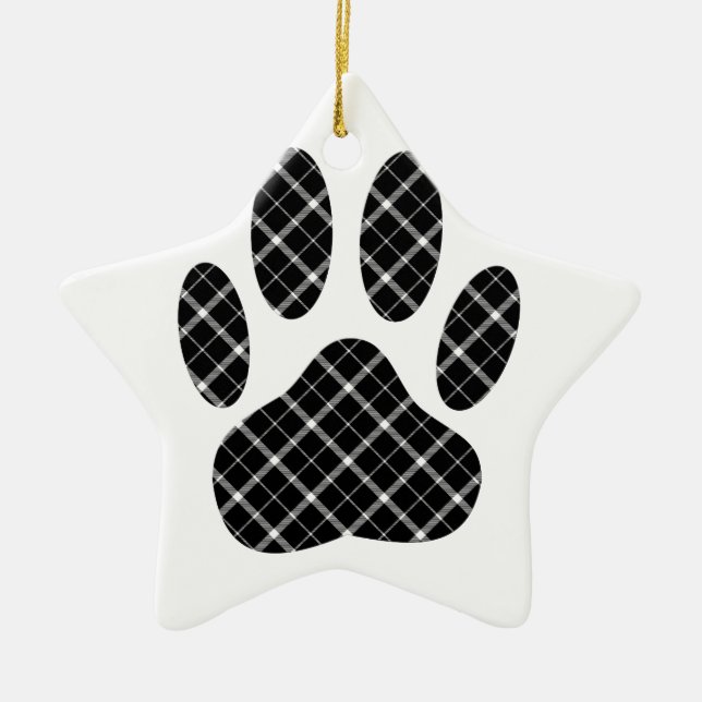 Black And White Tartan Dog Paw Print Ceramic Ornament (Front)