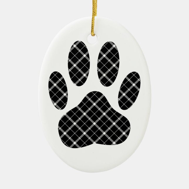 Black And White Tartan Dog Paw Print Ceramic Ornament (Front)