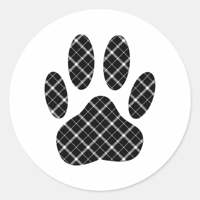 Black And White Tartan Dog Paw Print Classic Round Sticker (Front)
