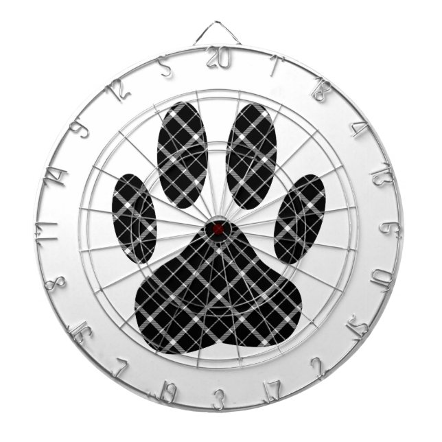 Black And White Tartan Dog Paw Print Dartboard With Darts (Front)