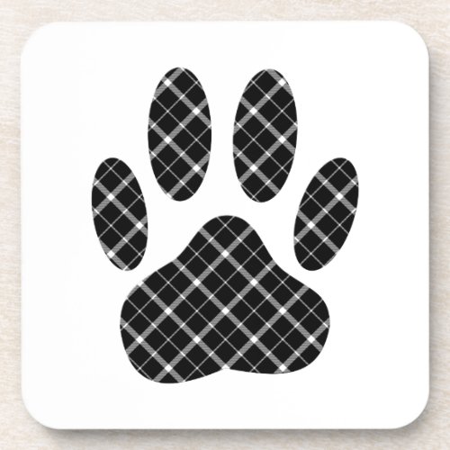 Black And White Tartan Dog Paw Print Drink Coaster