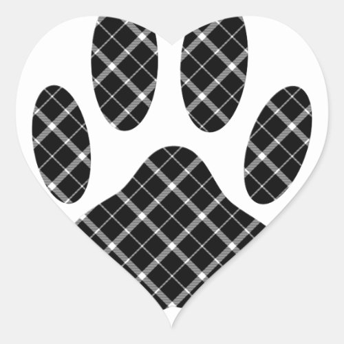 Black And White Tartan Dog Paw Print Heart Sticker