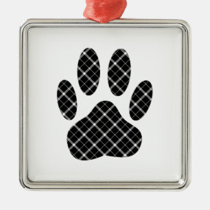 Black And White Tartan Dog Paw Print Metal Ornament