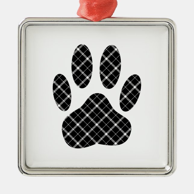 Black And White Tartan Dog Paw Print Metal Ornament (Front)