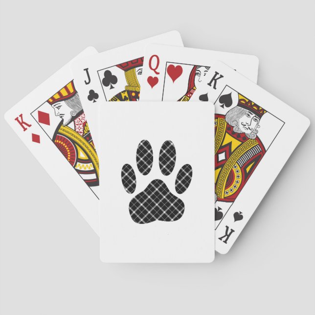 Black And White Tartan Dog Paw Print Poker Cards (Back)