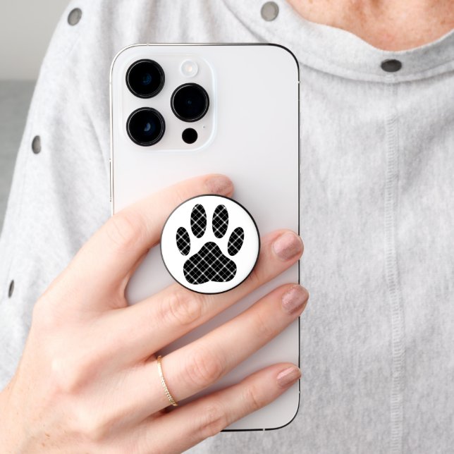 Black And White Tartan Dog Paw Print PopSocket (Hand)