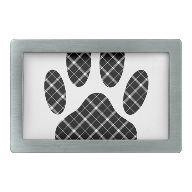 Black And White Tartan Dog Paw Print Rectangular Belt Buckle (Front)