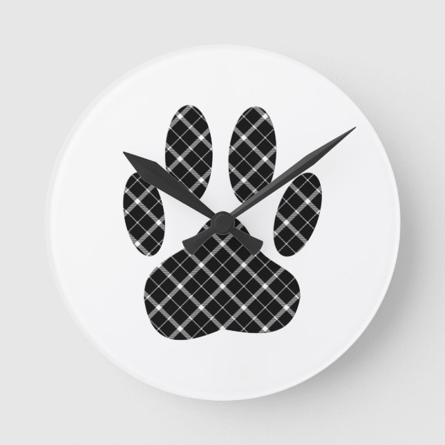 Black And White Tartan Dog Paw Print Round Clock (Front)