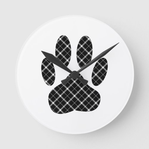 Black And White Tartan Dog Paw Print Round Clock