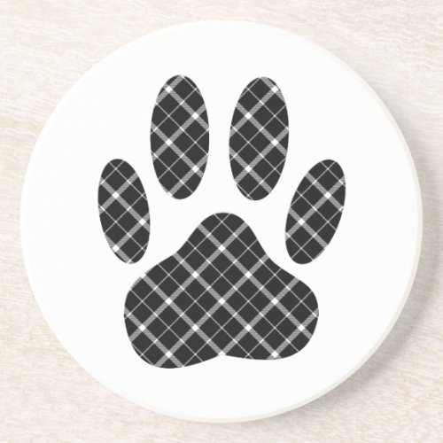 Black And White Tartan Dog Paw Print Sandstone Coaster