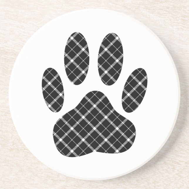 Black And White Tartan Dog Paw Print Sandstone Coaster (Front)