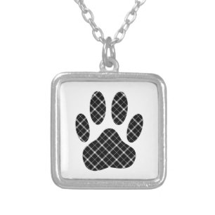 Black And White Tartan Dog Paw Print Silver Plated Necklace