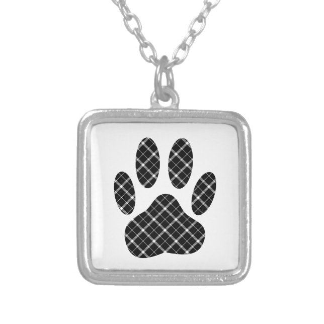 Black And White Tartan Dog Paw Print Silver Plated Necklace (Front)