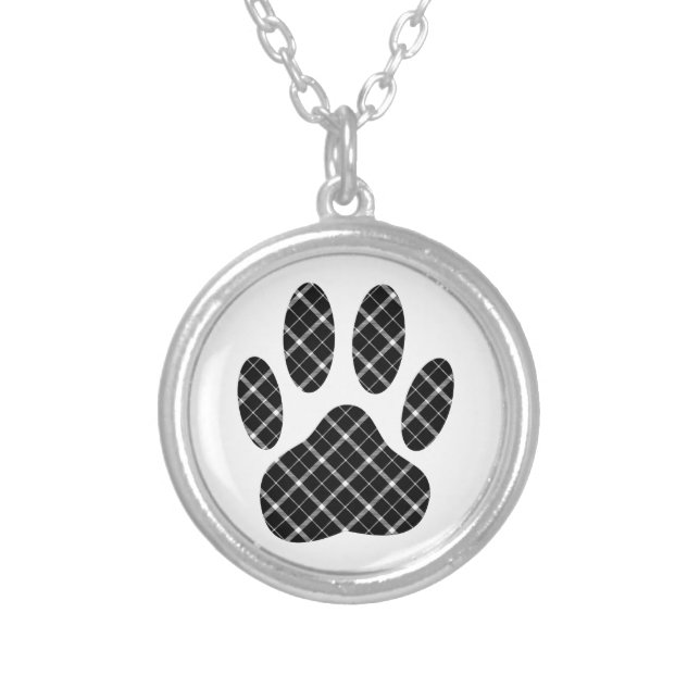 Black And White Tartan Dog Paw Print Silver Plated Necklace (Front)