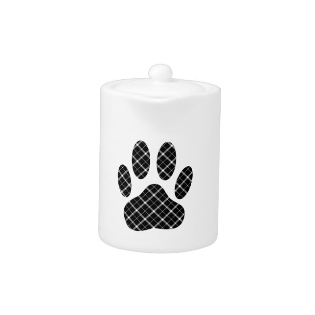 Black And White Tartan Dog Paw Print Teapot (Front)