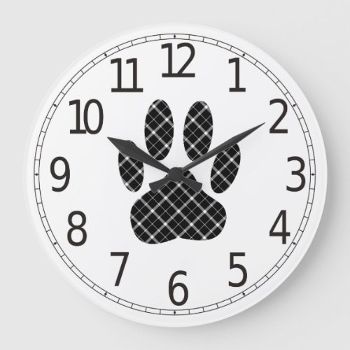 Black And White Tartan Paw Print Large Clock