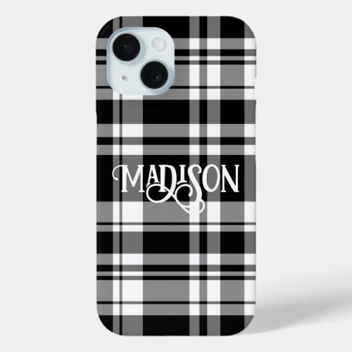 Black and white tartan plaid calligraphy iPhone 15 case