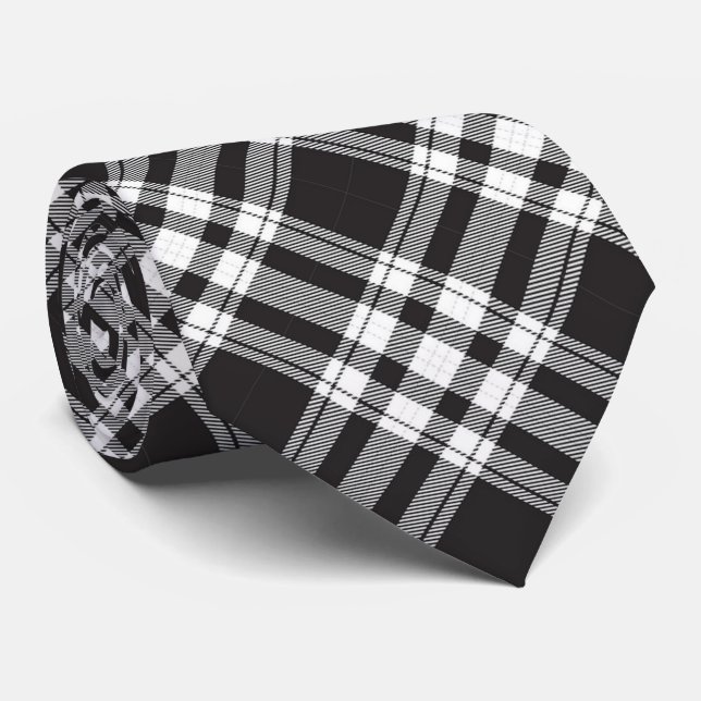 Black and White Tartan Plaid Gingham Pattern  Neck Tie (Rolled)