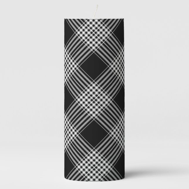Black And White Tartan Plaid Pillar Candle (Front)