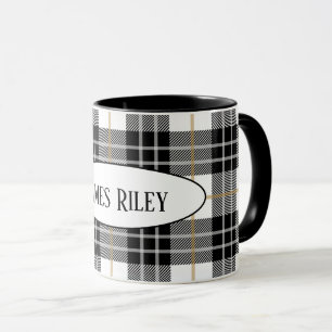 black and white tartan plaid with name mug
