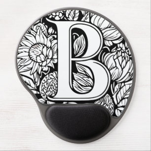 Black and White Tattoo Flowers Monogram Letter B Gel Mouse Pad