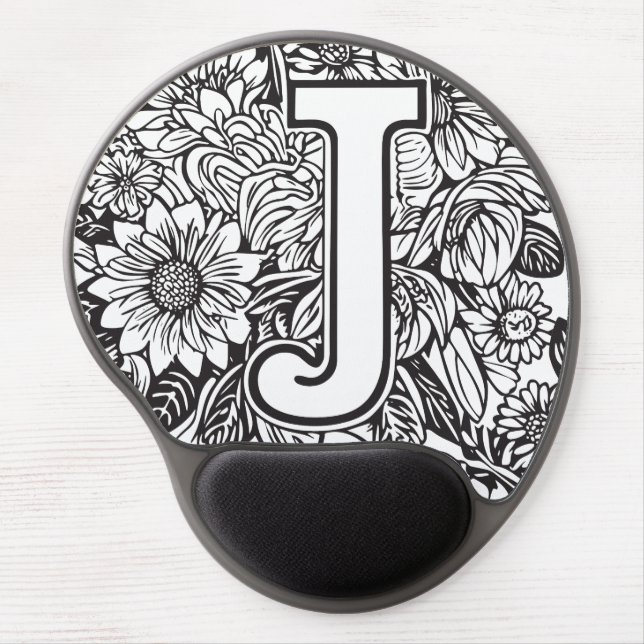 Black and White Tattoo Flowers Monogram Letter J Gel Mouse Pad (Front)