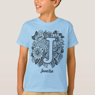 Black and White Tattoo Flowers Monogram Letter J T-Shirt
