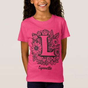 Black and White Tattoo Flowers Monogram Letter L T-Shirt