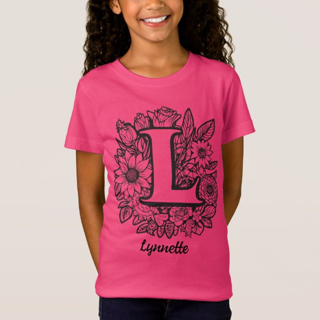 Black and White Tattoo Flowers Monogram Letter L T-Shirt (Front)