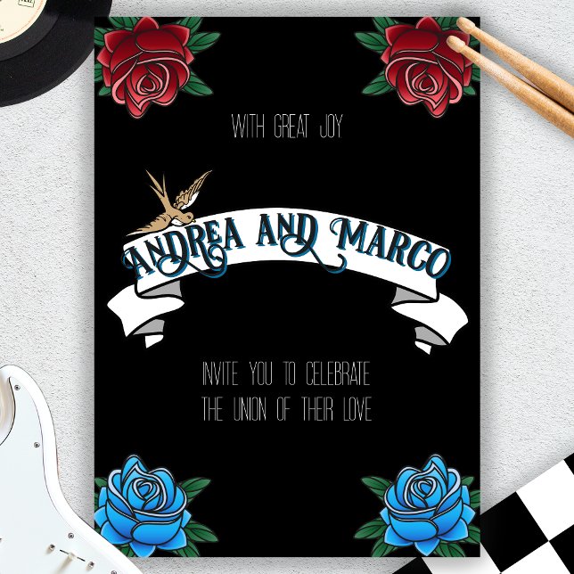 Black and White Tattoo Old School Invitation (rockabilly tattoo rock and roll wedding invitation )