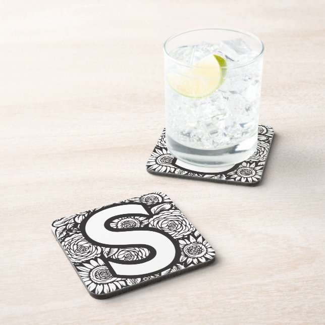 Black and White Tattoo-Style Ink Flowers Monogram Beverage Coaster (Right Side)