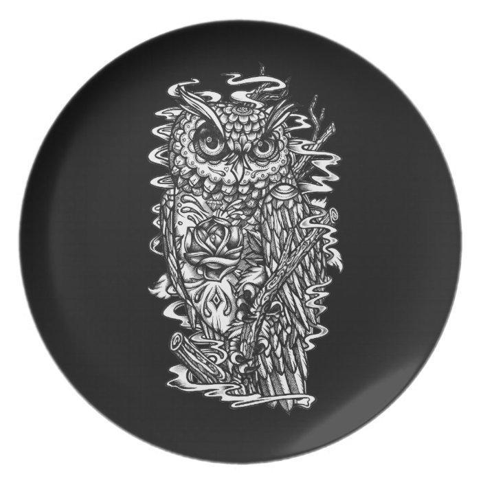 Black and white tattoo style owl illustration. party plate