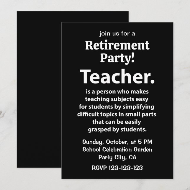Black and White Teacher Retirement Party Invitation (Front/Back)