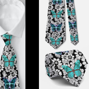Black and White Teal Butterfly Butterflies Neck Tie
