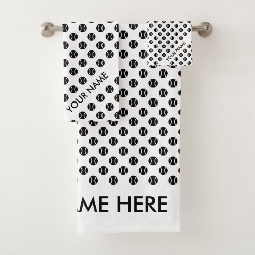 Black and white tennis ball print custom name bath towel set