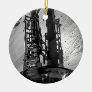 Black and White Tenor Saxophone Ceramic Ornament