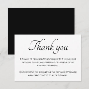 Black And White Thank You From Family Memorial  Card