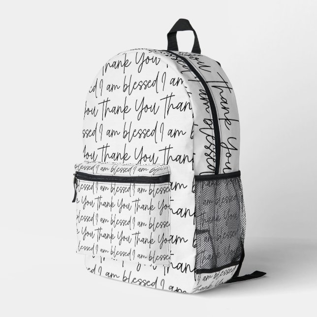 Black and White Thank You I am Blessed  Printed Backpack (Back Corner Right)